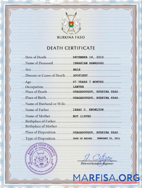 Blank Burkina Faso vital record death certificate PSD template